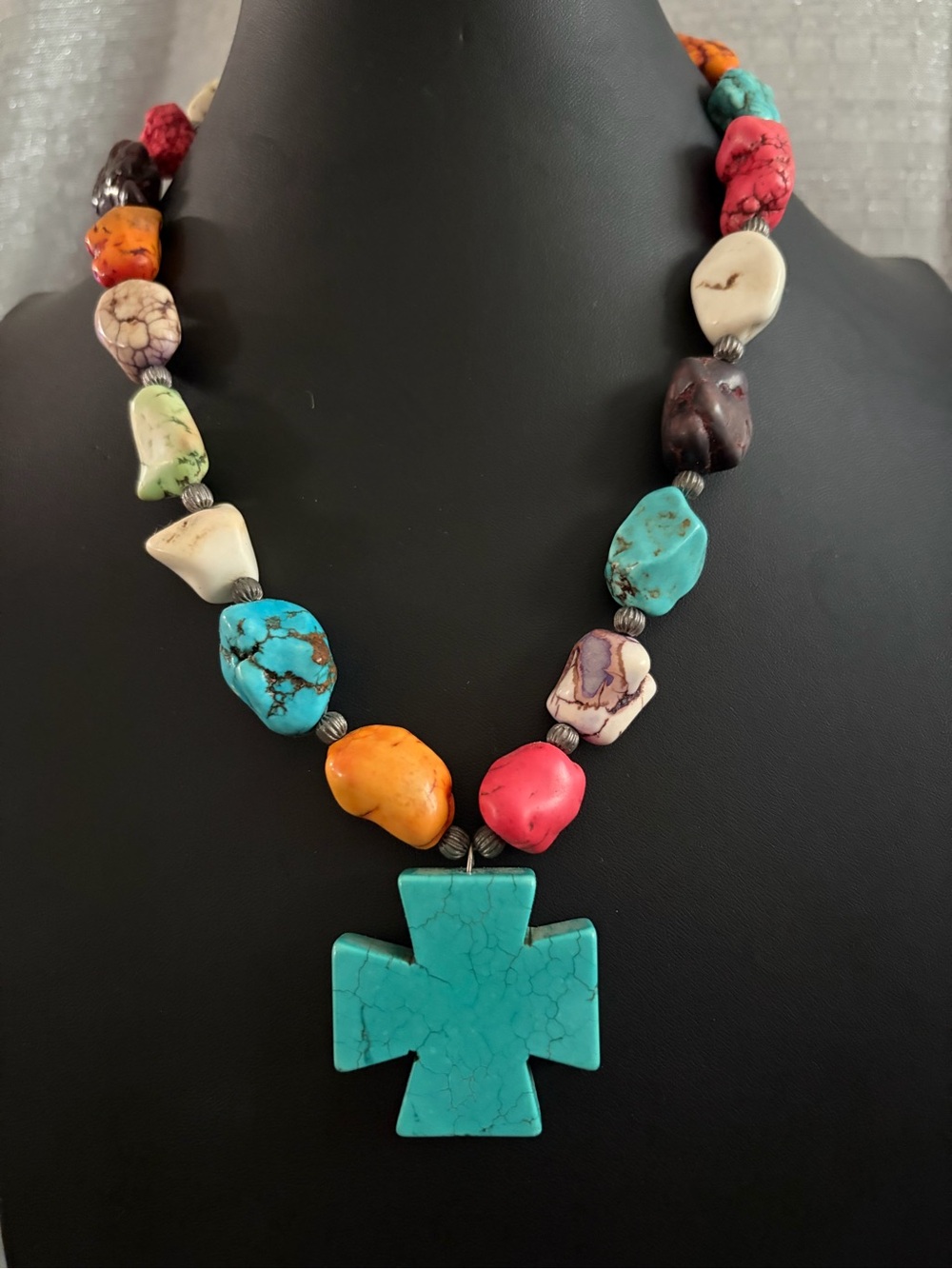 Multicolor Turquoise Cross Pendant Bead Necklace - Women Jewelry